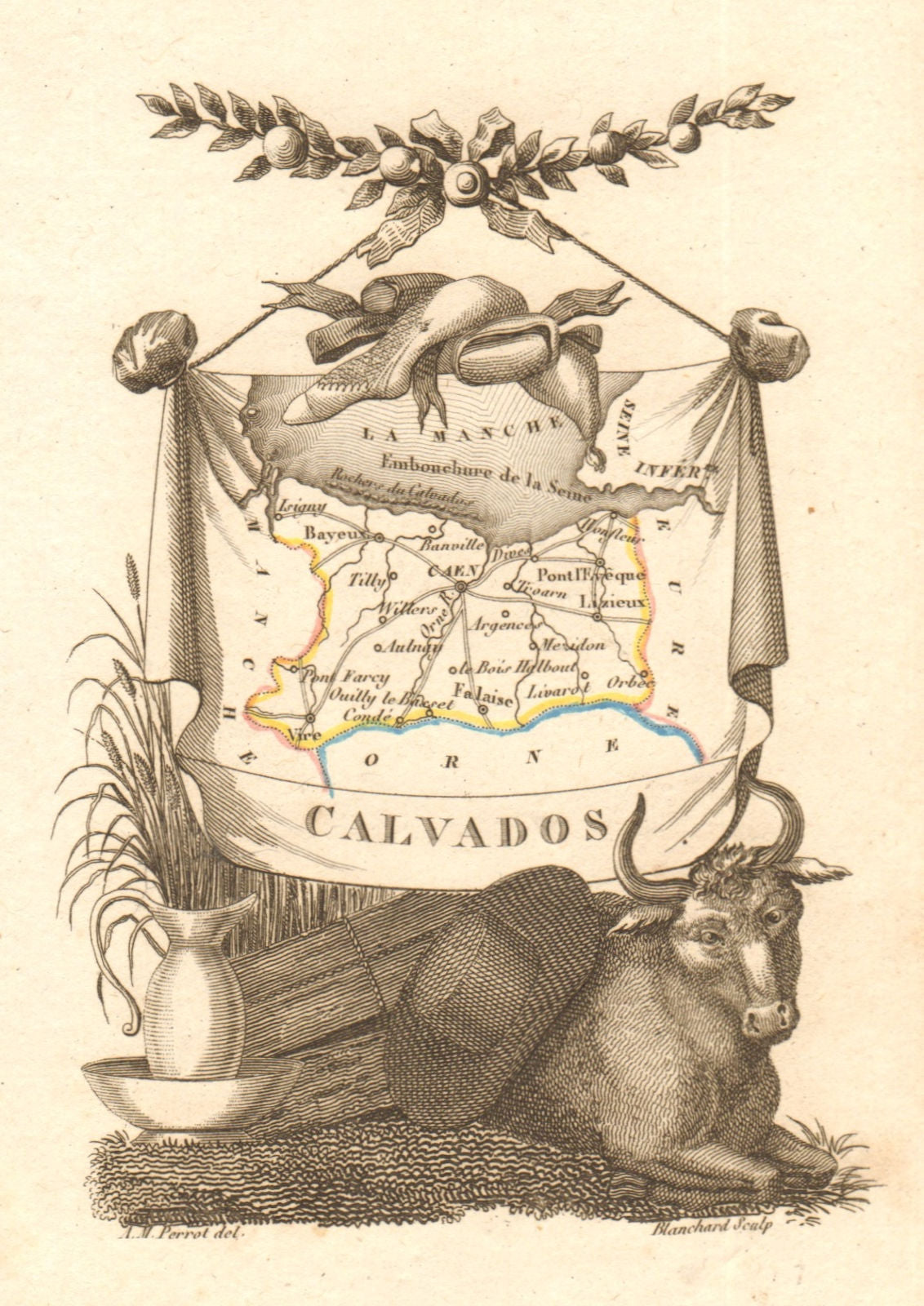 CALVADOS département. Scarce antique map/carte by A.M. PERROT 1823 old
